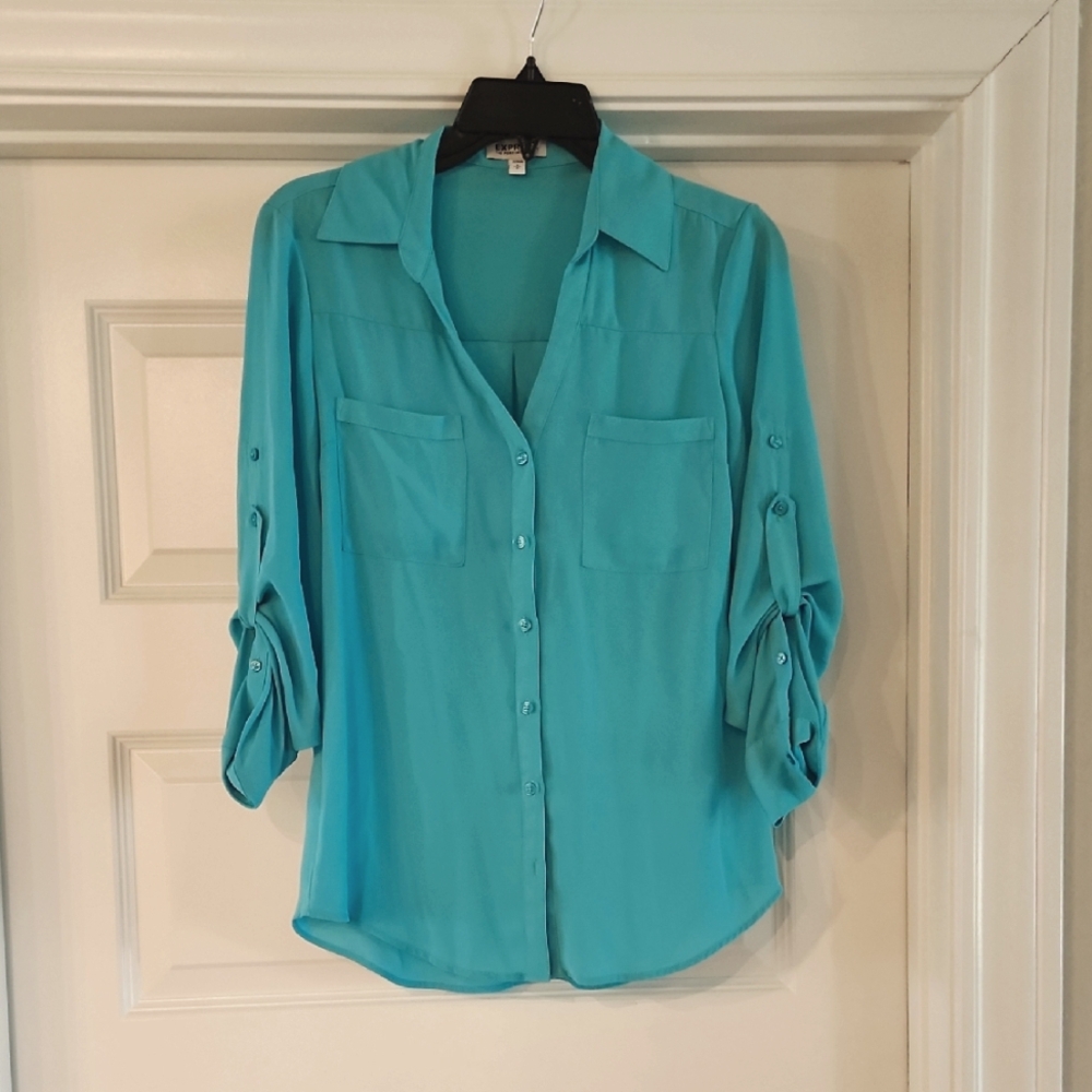 Express Portofino Women's Turquoise Button-Up Blouse